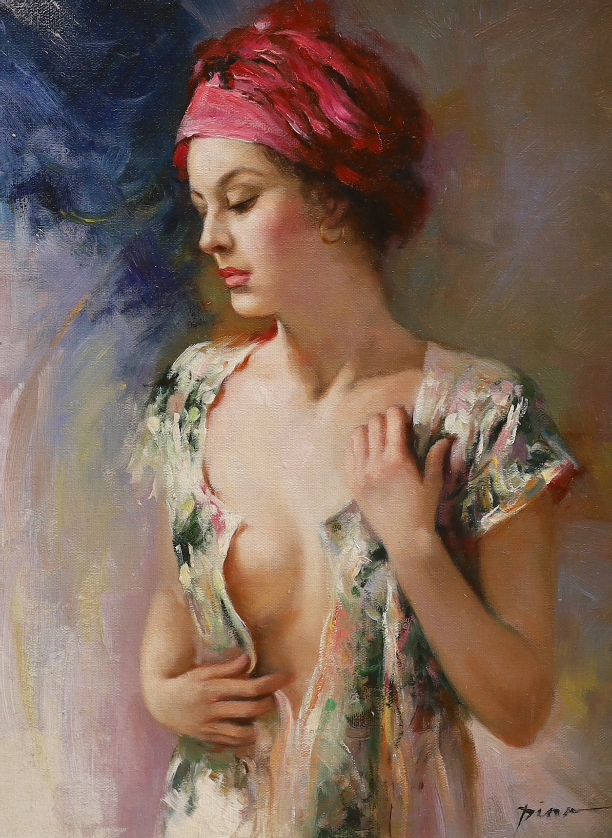 After Pino Daeni (1939-2010), impressionist oil on board, Study of a semi-clad woman, 39 x 29cm